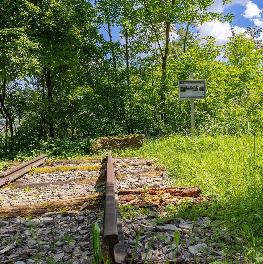 Die Station Eisenbahnbrücke auf dem Goldfischpfad bei Obrigheim. 
